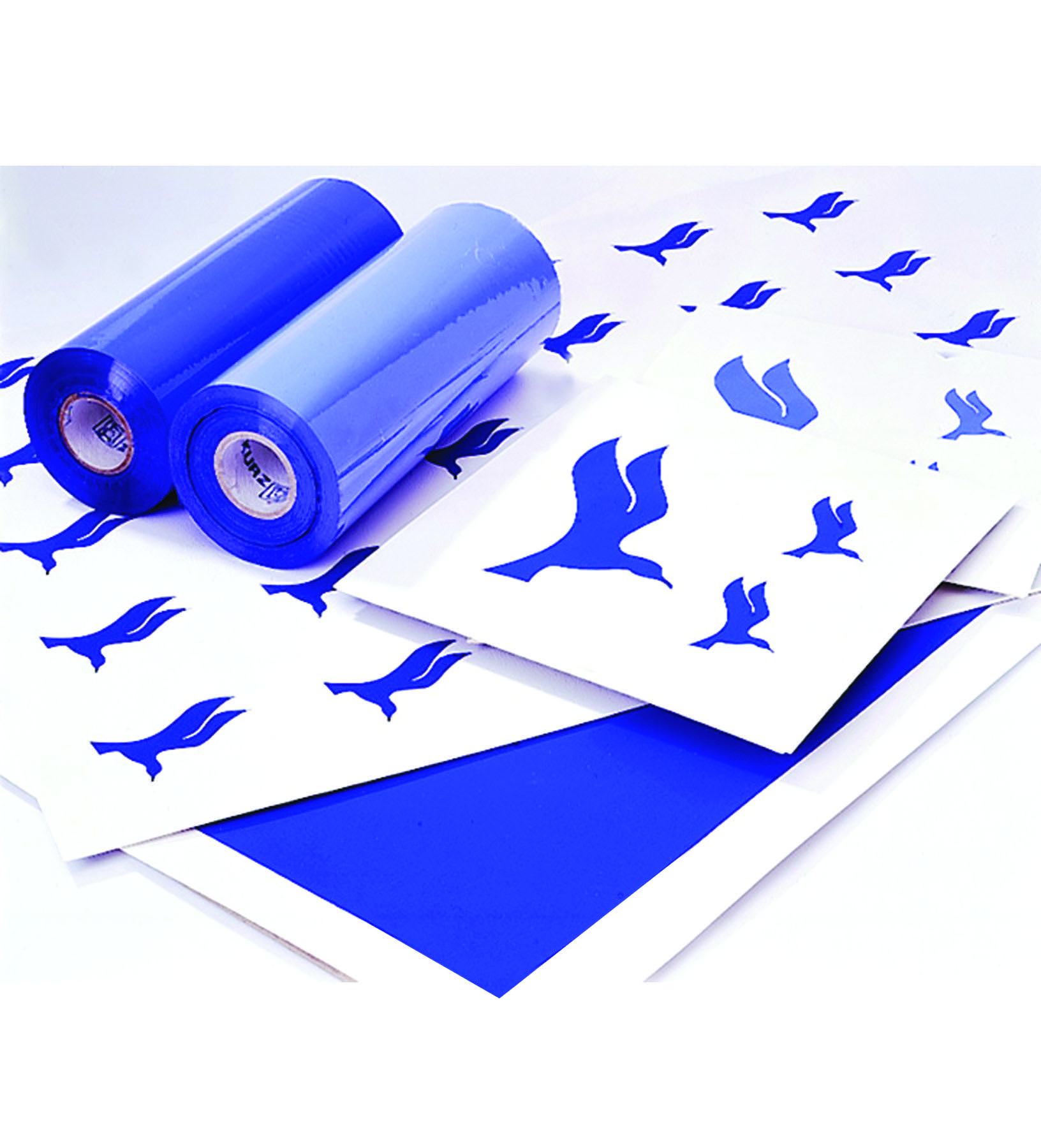 Blue printing foils and screen-printed sheets carrying the Holliday bird mark