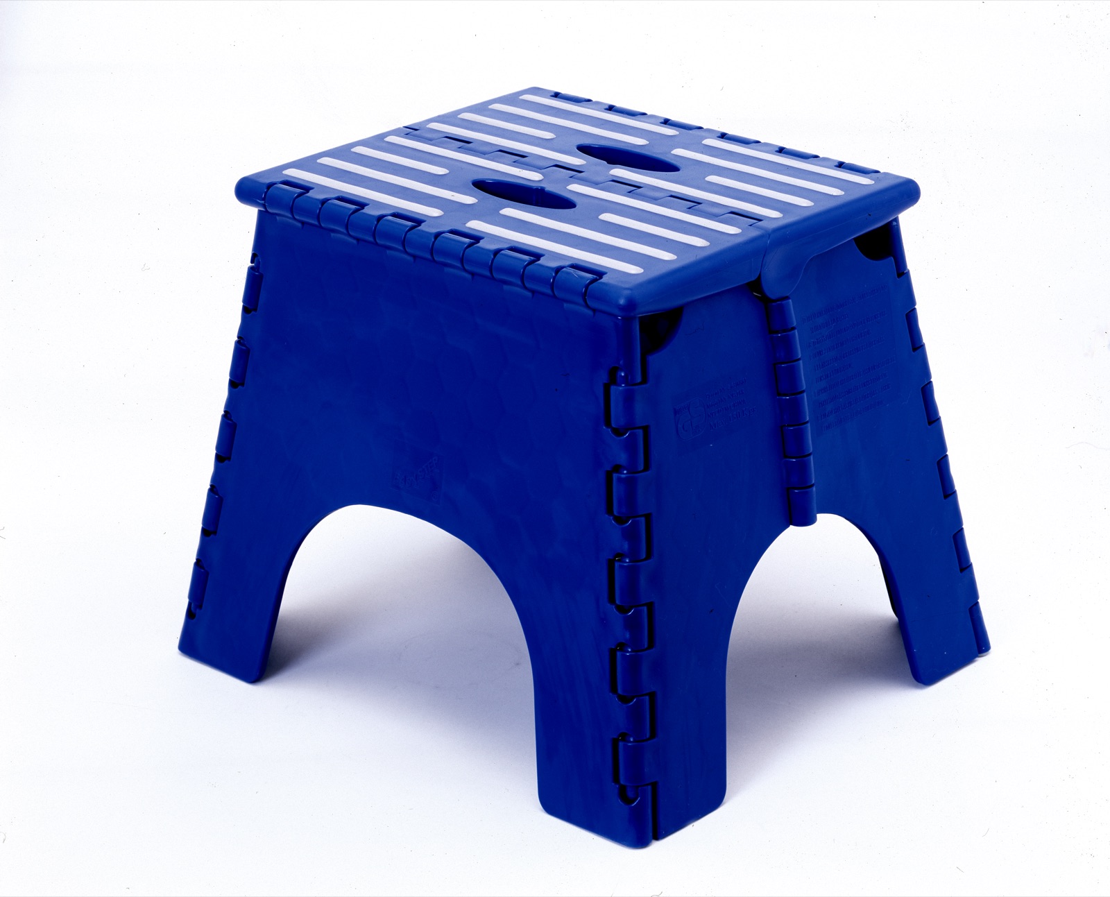 Blue moulded plastic folding stool