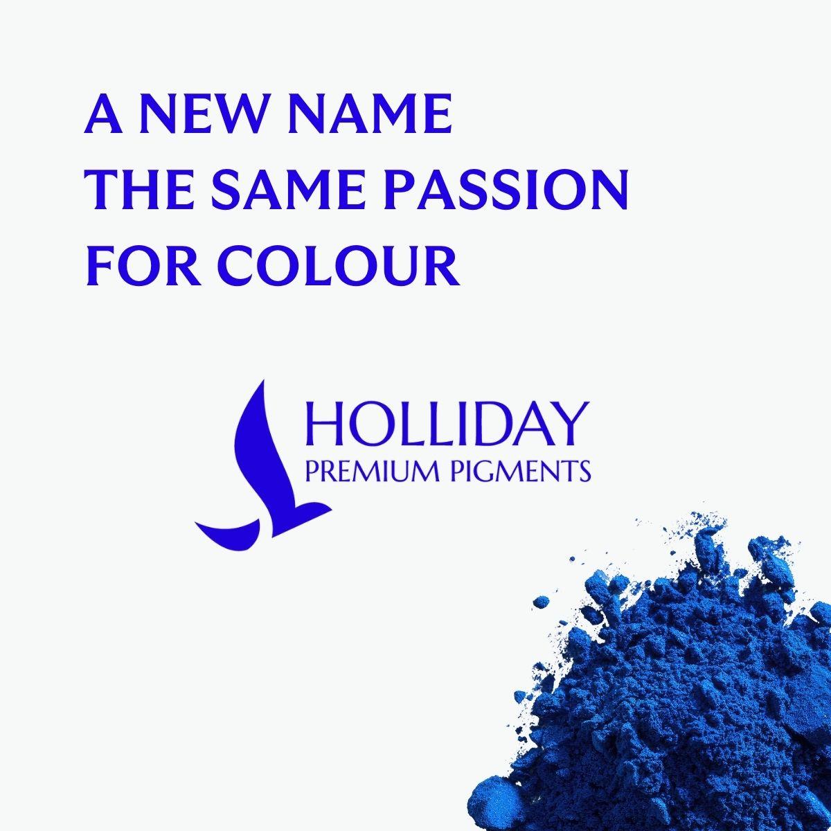 Holliday Premium Pigments logo above ultramarine blue pigment powder